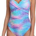 Halcurt Women's One Piece Swimsuit with Skirt Ruched Ruffle Tummy Control Swim Dress Bating Suit (L)