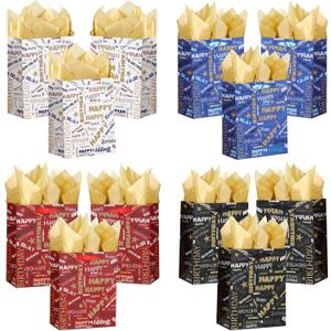 OfficeCastle 12 Pack Birthday Bags with Tissue Paper, 7x4x9 Inches Gift Bags, Paper Bags for Party, Celebration, Birthday