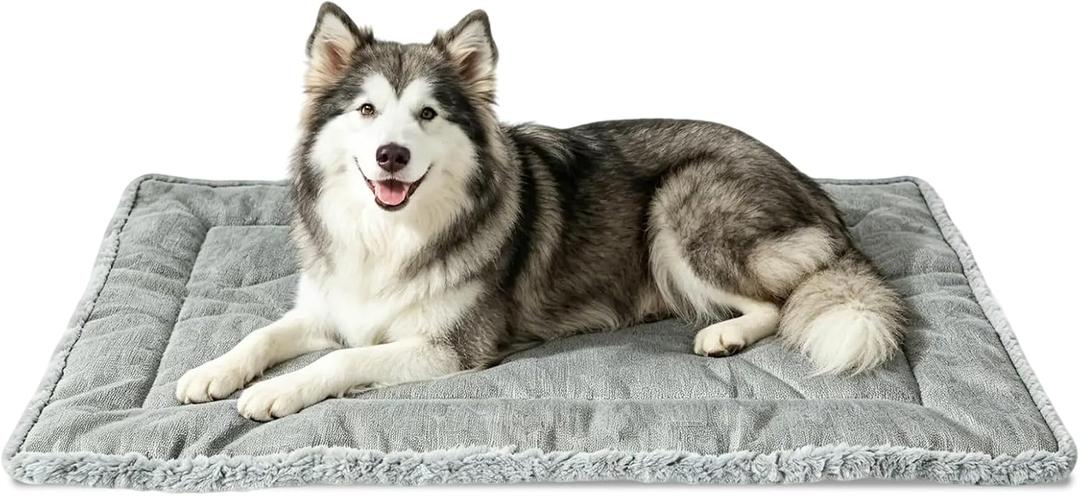 Reversible Dog Crate Mat 41"x27" for Large Dogs - Double-Sided Cooling Water-Resistant Oxford & Warm Plush Bed, Fits 42-Inch Wire Crates, Soft Stuffed, Machine Washable, Indoor & Outdoor, Light Gray