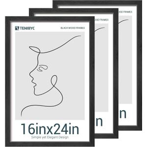16x24 Poster Frames Set - 3 Pack - Black Solid Wood Picture Frame - Exclusive Woodgrain - Rooms, Offices, Gallery, Studio, and Hallway, Wall Display Decor