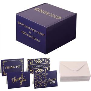 100 Pack Blue Thank You Cards & 100 Pack White Envelopes 4.25 x 6.25 inches Elegant Fold Over Greetings Blank Inside, Handwritten Style For Business Graduation Baby Shower & Wedding