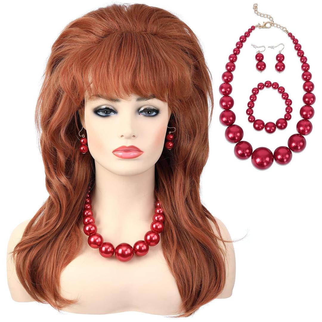80s Women Beehive Wig with Large Pearl Necklace Bracelet and Earrings Long Wavy Ginger Bouffant Synthetic Hair Wigs for Married Housewife Big Red Vintage Costume Cosplay Halloween Party