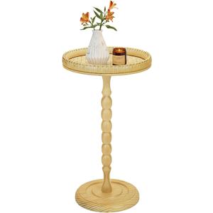 Drink Table,21" H Rattan Small Side Table with Solid Wood Leg Stand, Boho Accent Cocktail Tables for Small Spaces,Round End Table for Living Room,Bedroom and Corners