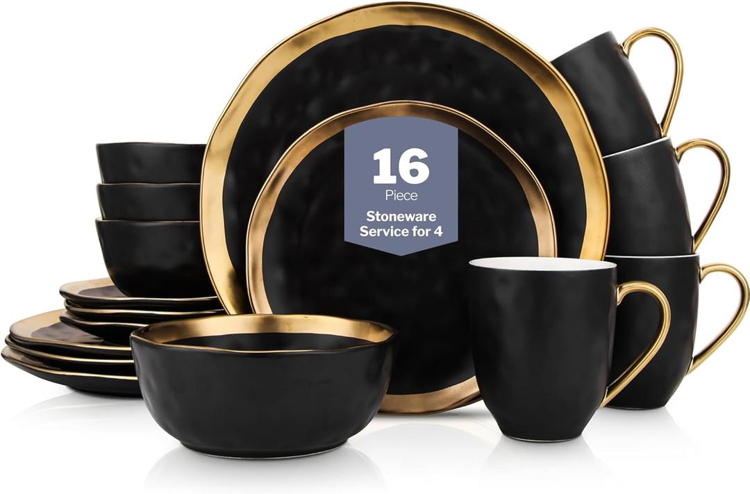 Stone Lain Florian Modern Porcelain 16 Piece Dinnerware Set, Plates and Bowls Set, Dish set for 4, Black And Golden Rim