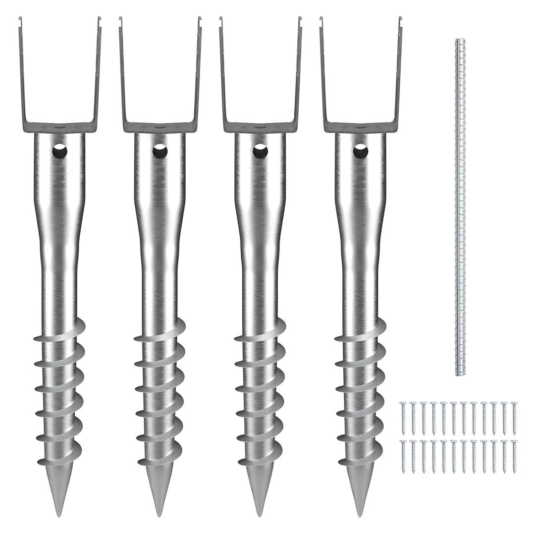VEVOR Ground Screw, No Dig Ground Anchor 4 Pack 3.94 x 2.76 x 27.56 in DIY Screw in Stake, Includes 6 Lag Bolts & a Rebar, U-Shape Heavy Duty Steel Post Holder, Great for Mailbox and Fence Posts