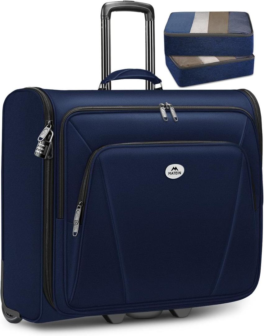 MATEIN Rolling Garment Bags for Travel, Large 2-Wheeled Suit Carrier Fits 17.3Inch Laptop, Foldable Travel Suit Bag With Wheels & 2 Packing Cubes, Check-in Suitcase Luggage for Business Trips, Blue
