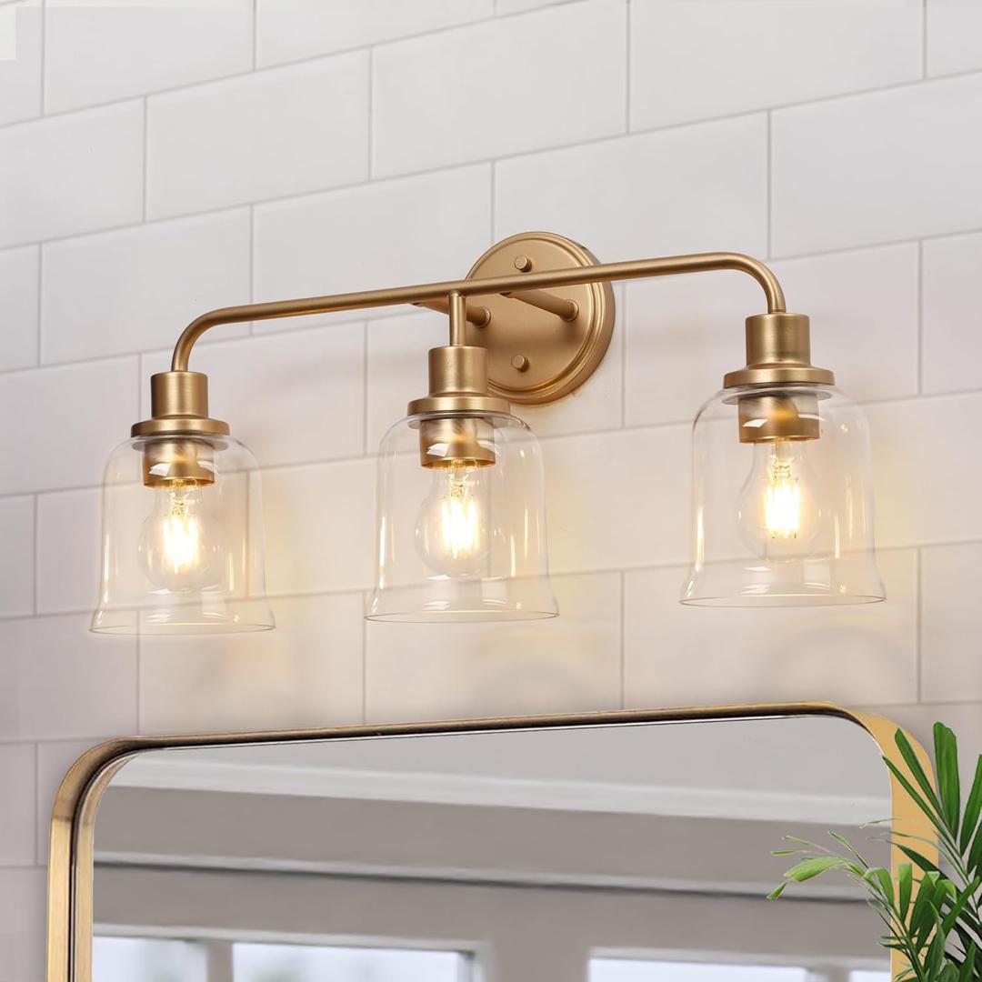 KSANA Gold Bathroom Vanity Light Fixtures with Clear Glass Shade, 3-Light Modern Bathroom Vanity Lights Over Mirror, 22.8”x7.3”x10.8”