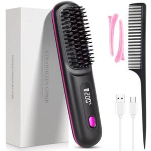 Go Brush Pro, 2026 Cordless Hair Straightener Brush 3 Adjustable Temperature Portable USB Charging Straightener Suitable for All Hair Types (Black)