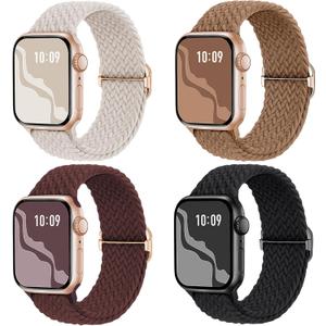 Braided Stretchy Solo Loop Compatible for Apple Watch Band 38mm 40mm 41mm 42mm 44mm 45mm 46mm 49mm for Women Men, Nylon Elastic Straps Wristbands for iWatch Series 11/10 9 8 7 6 5 4 3 SE/Ultra 3 2 1 (Black/Starlight/DarkWine/Brown)