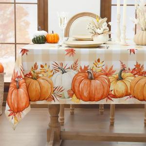 Softalker Fall Tablecloth Rectangle 60x84 Inch, Thanksgiving Autumn Harvest Pumpkin Buffalo Plaid Decoration Table Cloth, Stain Resistant Table Cover for Party/Dining/Holiday, Orange Checkered