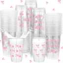 Havawish 100 Pcs Pink Bow Plastic Cups Bowknot Daisy Clear Cups 16 oz Coquette Bachelorette Party Disposable Bow Theme Decorations for Birthday Bridal Shower Wedding Party Supplies
