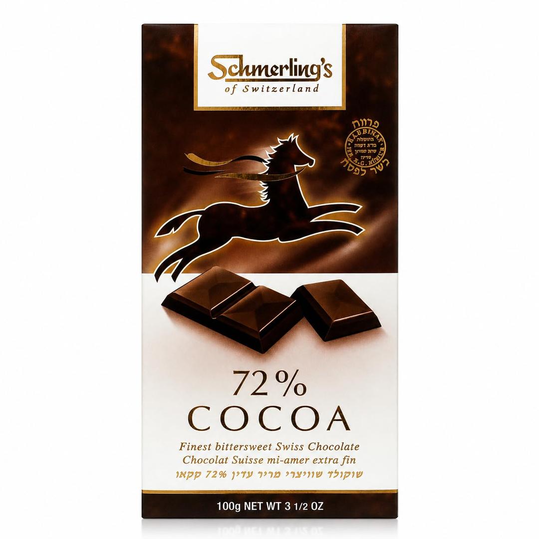SCHMERLING'S Swiss Chocolate 72% Cocoa Natural Vegan, Gluten Free, Paleo, Non GMO, Non Dairy, Fair Trade Dark Parve Chocolate, OU - 3.5oz (EXP 04/30/27)