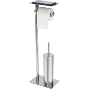 Toilet Paper Holder Stand, Free Standing Toilet Paper Holder with Shelf for Bathroom, Stainless Steel Brushed Nickel Toilet Tissue Holder with Brush and Holder Set, Weighted Base