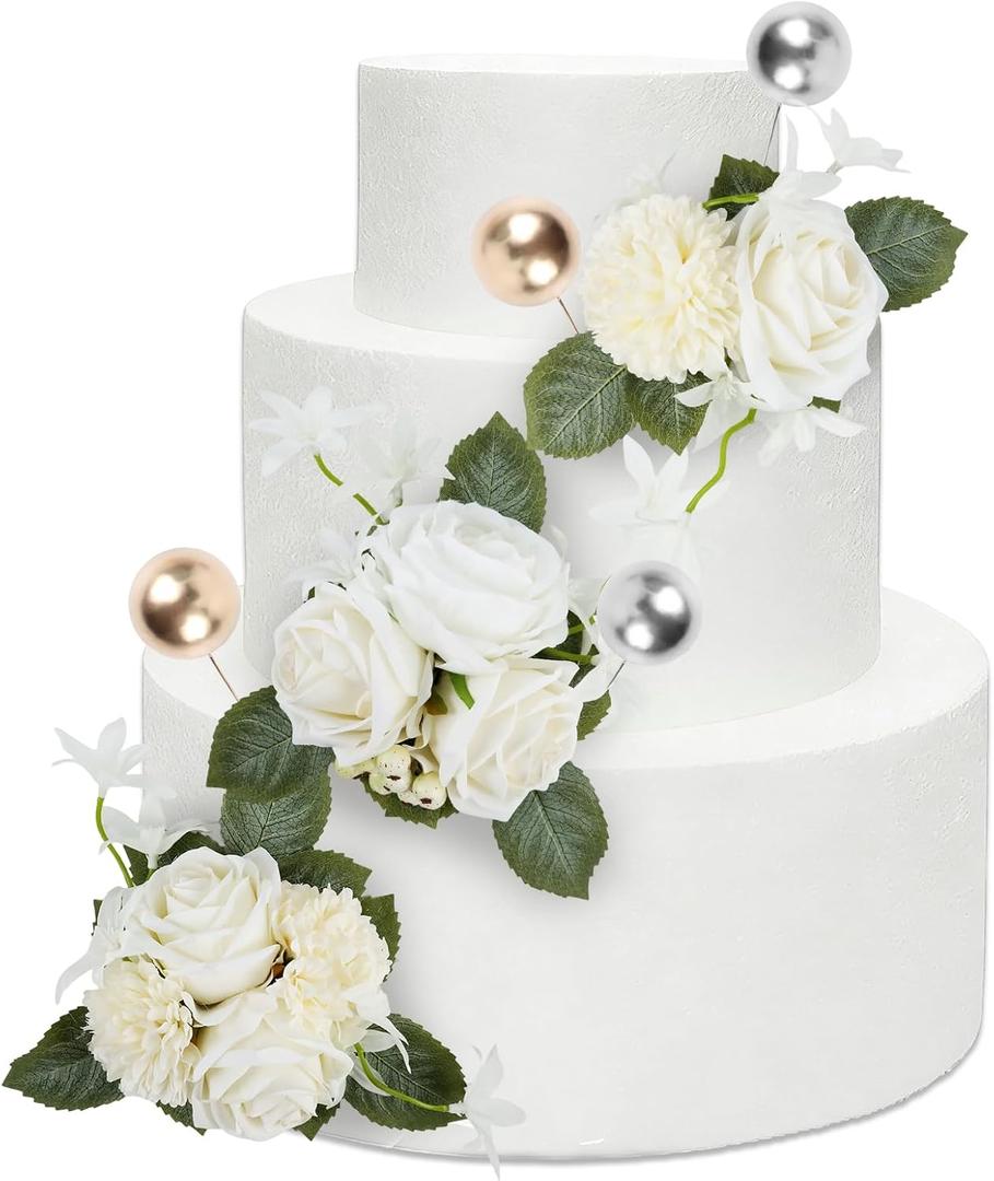 Flower Cake Toppers Wedding - 23 Pcs Rustic White Flowers Toppers with Pearls for Bridal Shower Engagement Cake Decorations, Flowers for Anniversary Birthday Cakes Decor