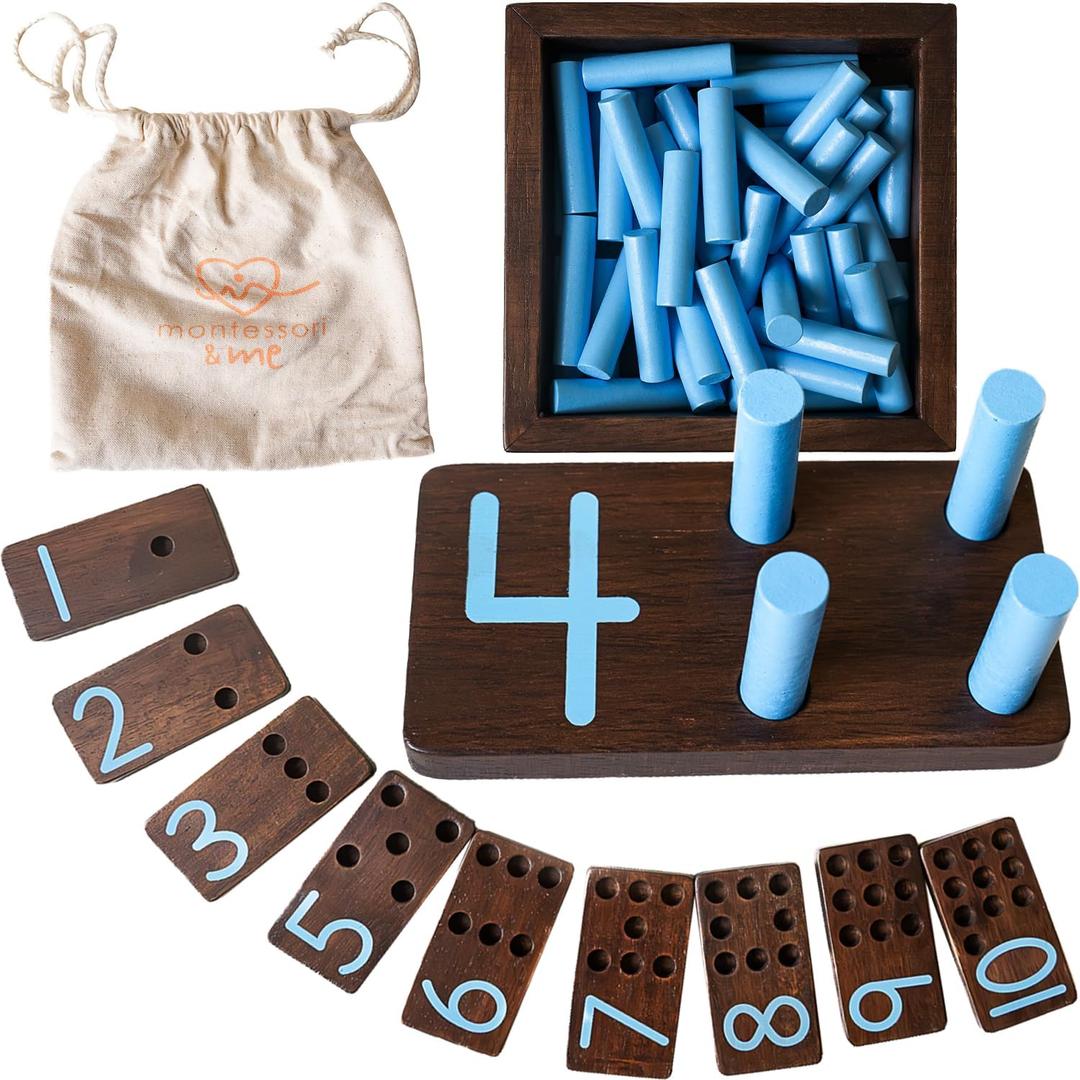 Counting Peg Board - Montessori Math and Numbers for Kids - Wooden Math Manipulatives Materials - Dark Walnut Stain