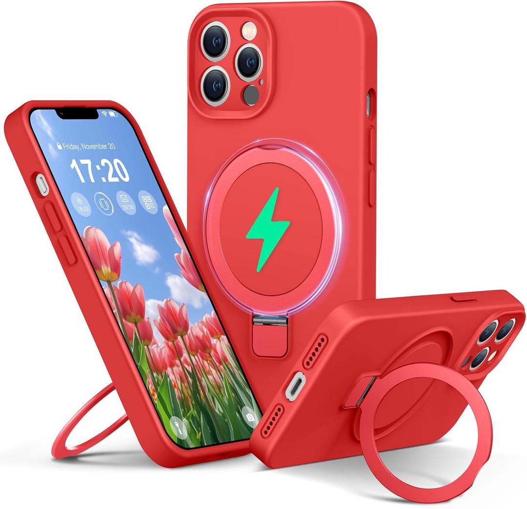 Liquid Silicone Case for iPhone 13 pro with Magnetic Ring Stand, Upgraded Camera Lens Protection, Mil-Grade Drop Shockproof, Anti-Scratch Microfiber Lining Silicone Case (Red)