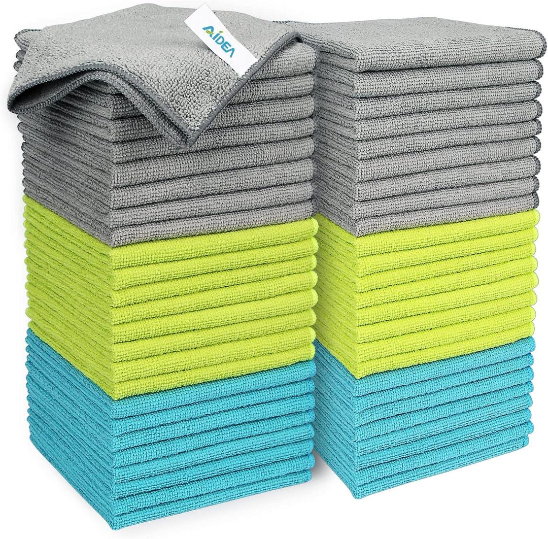 AIDEA Microfiber Cleaning Cloth-50PK, Soft Microfiber Towels for Cars, Absorbent Cleaning Rags, Lint-Free Streak-Free Wash Cloths for House, Kitchen, Window(12in.x12in) (Blue/Green/Grey)