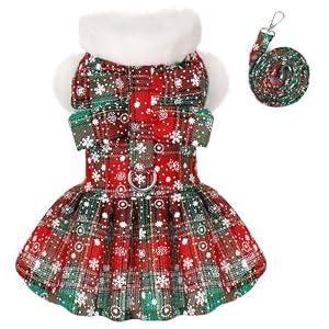 Dog Christmas Sweater Dress with Leash Set Puppy Sweaters for Small Dogs Girl Pet Outfit Plaid Puppy Clothes Cute Bowknot Doggy Apparel Cat Holiday Xmas Party Costume (X-Small, Green)