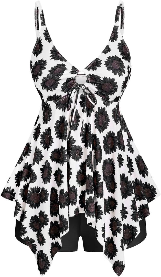 ROSE GAL Rosegal Women Plus Size Modest Tankini Swimsuit Handkerchief Sunflower Cinched Boyleg Swimwer (3X, Black_1)