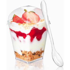TOFLEN 50 Pack 5 oz Clear Square Dessert Cups with Dome Lids and Spoons, Perfect for Parties, Desserts, Appetizers, and More