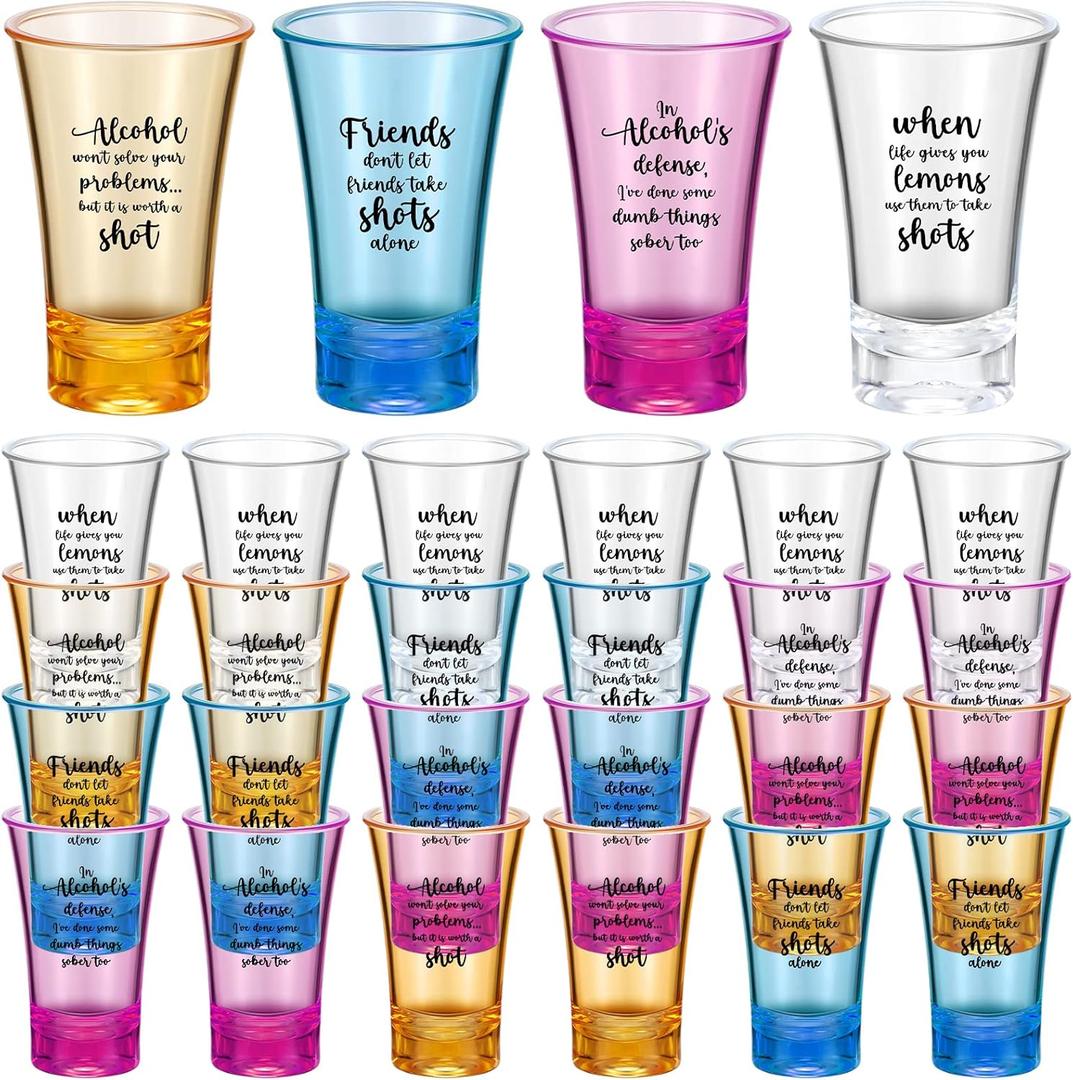 Zeyune 1.2oz Colorful Shot Glasses Acrylic Unbreakable Party Shot Glasses Compatible with 6 Shot Glass Dispenser and Holder(Clear, Yellow, Blue, Purple, 24 Pcs)