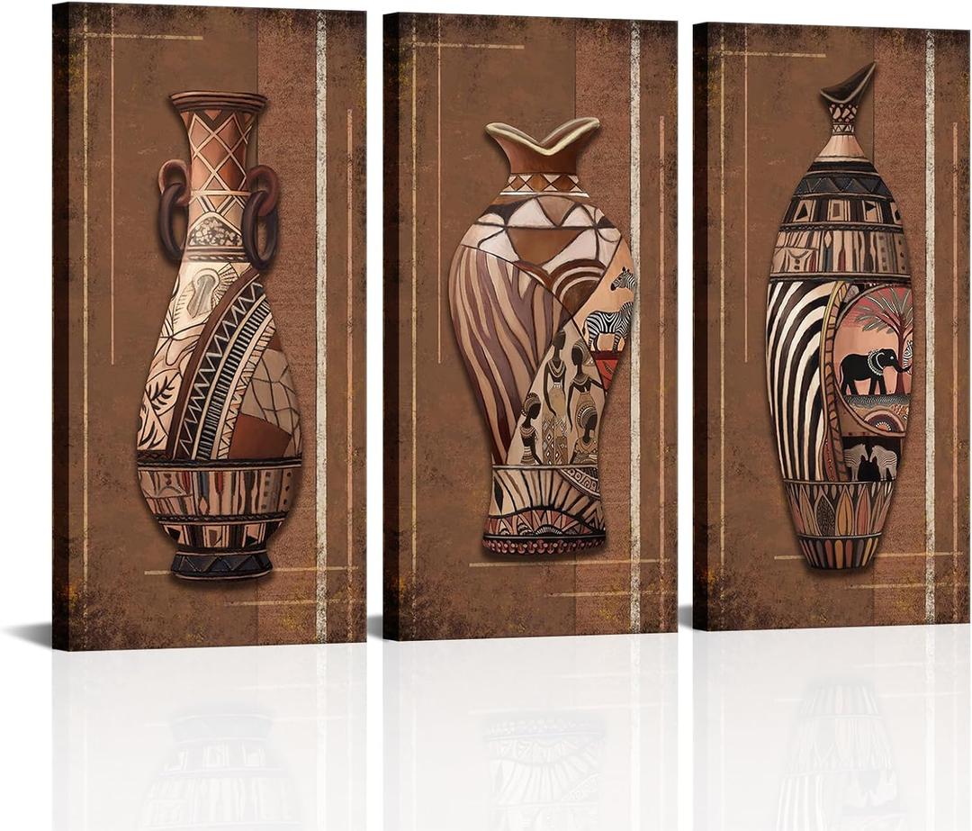 Zlove African Vase Canvas Wall Art Tribal Pot Artwork Retro Still Life Farmhouse Painting for Living Room Kitchen, 16"x32", 3Pcs (Brown)