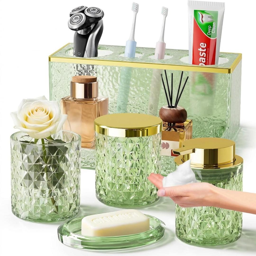 Glass Bathroom Accessories Set 5Pcs Crystal - Foaming Soap Dispenser, Soap Dish, Cup, Acrylic Toothbrush Holder with Tray Organizer, Qtip Jar, Bathroom Counter Set Sink Decor (Green)