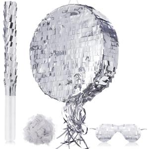 Disco Ball Small Piata with Stick Blindfold and Confetti, Silver Foil Piatas for Birthday Party Kids Adults Retro Birthday Game Party Decorations Supplies(Round)