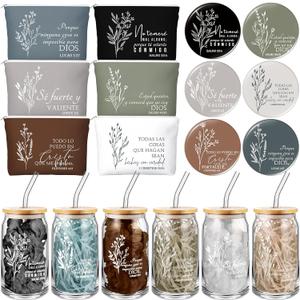 Fumete 6 Set Christian Gifts Religious Makeup Bag Bible Verse Glass Coffee Cup with Bamboo Lid Straw Mini Christian Compact Mirror 