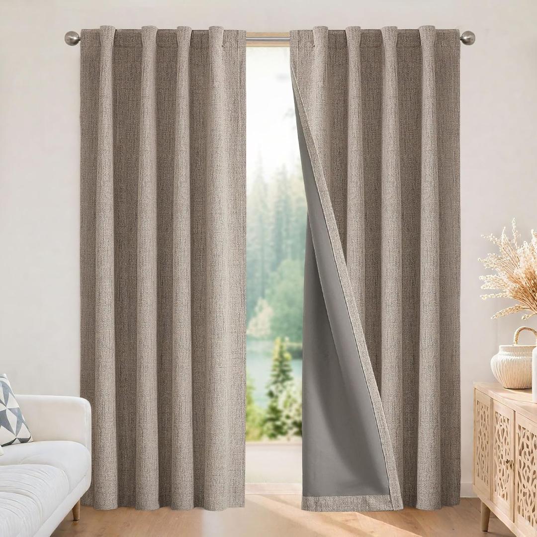 Joydeco 100% Blackout Curtains for Bedroom - Natural Linen Curtains 84 Inch Long, Thermal Insulated 2 Panels Linen Light Blocking Drapes, Rod Pocket & Back Tabs, Darkening Privacy for Living Room