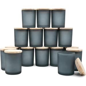 SHOWIN Thick Candle Jars for Making Candles 16 Pcs, 7 OZ Empty Jars with Wood Lids for Candle Making, Sample Container, Frosted Gray