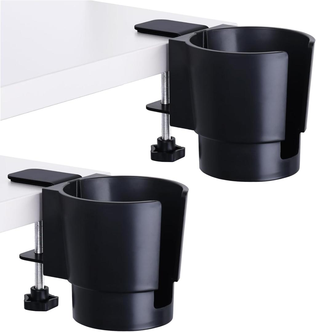 Universal Large Desk Cup Holder Clamp on, Heavy Duty Plastic Drink Holder for Table, Porch Swing, Patio Chair, Clip On Anti-Spill Bottle Holder for Most Cups, Bottles, Cans, Tumbles, Black, Pack of 2