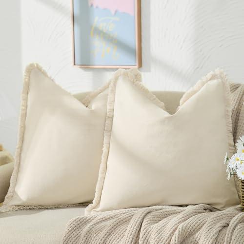 ZWJD Pillow Covers 24x24 Set of 2 Beige Throw Pillow Covers with Fringe Chic Cotton Decorative Pillows Square Cushion Covers for Sofa Couch Bed Living Room Farmhouse Boho Decor