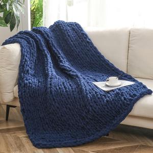 WESHIONGOO Chunky Knit Blanket Throw 51"63" Knitted Throw Blankets for Couch Bed Fluffy Soft Blanket with Jumbo Chenille Yarn Thick 100% Handmade (Navy Blue)