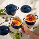 Kook Ceramic Mini Cocotte Set, Small Casserole Dishes with Lids and Handles, Individual Baking Ramekins, Oven safe 350F, Microwave & Dishwasher Safe, Stoneware, 12 oz, Set of 4, (Navy)