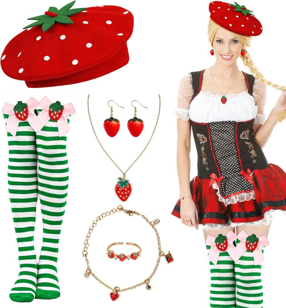 Parma77 6 Pcs Strawberry Costume Accessories Set for Women, Strawberry Beret Hat,Strawberrys Jewelry Set, Cotton Thigh High Over Knee Socks with Bowknot for Halloween Cosplay