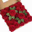 DuHouse 25Pcs Artificial Roses Flowers Fake Roses with Stems Real Touch Foam Flowers for DIY Wedding Bouquet Baby Shower Centerpiece Floral Arrangement Party Home Decor(Dark Red)