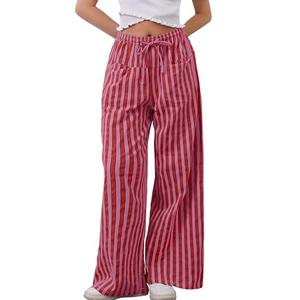 MISSACTIVER Women Drawstring Striped Pants Loose Wide Leg Trousers Casual Low Waist Pants Comfy Lounge Pants with Pockets L, Big Red