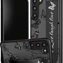 Compatible for Samsung Galaxy S24 Case Cute with Strap Stand Finger Kickstand, Designer Cool Silicone Cases Funda Cover - Black Butterfly Butterflies