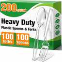 200 Count Plastic Silverware Heavy Duty,Clear Plastic Forks and Spoons, 100 Spoons & 100 Forks,BPA-Free,Heat Resistant Disposable Cutlery Utensil Set for Catering & Events, Daily Use