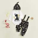 BeQeuewll Newborn Baby Boy Mardi Gras Outfit Letters Print Romper Striped Suspender Pants Overalls 3pcs Carnival Clothes Set  9-12M