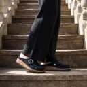 CUSHIONAIRE Hobby Genuine Leather Suede Mule Clogs for Women with Buckle Strap and Cork Footbed, Supportive All-Day Comfort in Womens Shoes (7 Wide, Black)