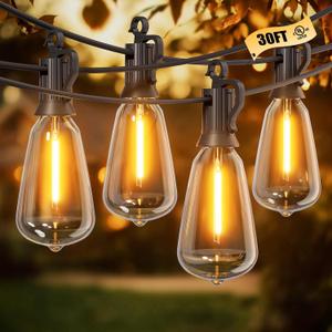 Brightown Outdoor String Lights, 30FT 11+1 LED ST38 LED Patio Lights Shatterproof, Dimmable IP65 Waterproof Connectable Hanging Outdoor Light for Backyard, Porch, Deck, Balcony (Black)
