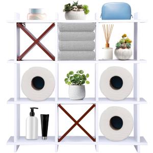 Tic Tac Toe Toilet Paper Holder Stand - Wall Toilet Paper Storage - Hanging Tic Tac Toe Decor - Rustic Wall-Mounted Bathroom Shelf - Wooden Decorative Shelf - White with Brown Cross