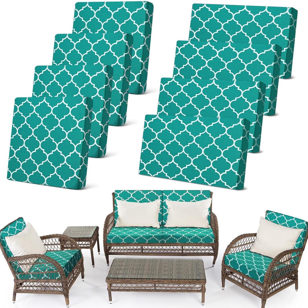 Newwiee 8 Pcs Stretch Patio Outdoor Cushion Covers Waterproof Replacement Sofa Couch Covers for 4 Backrests and 4 Cushions Washable Lawn Garden Seat Furniture Protector(Peacock Blue)