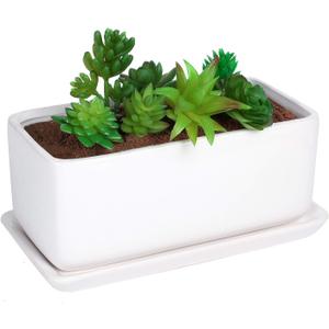 10 inch Rectangular White Ceramic Planter Pot Succulent Cactus Herb Flower Container Window Box Saucer Removable Drip Tray Base Drain Holes Home Office Indoor Outdoor Garden Desktop