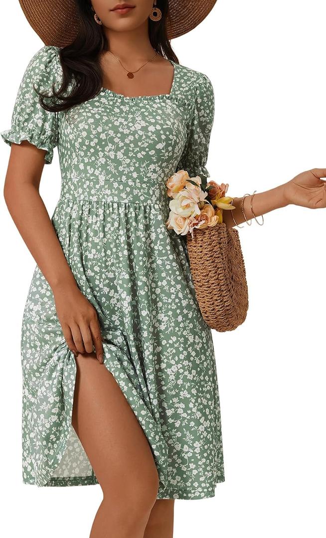MSBASIC Women's Summer Casual Square Neck Dress Floral Puff Sleeve A Line Midi Sundress with Pockets (Green, XL)