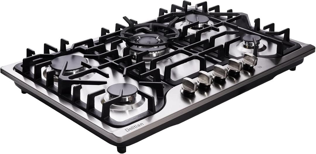 30 Inch Gas Cooktop DT57043 Built-in Stainless Steel 5 Burners Gas Stovetop LPG/NG Convertible Dual Fuel Gas Hob, 30 inches x 19.7 inches