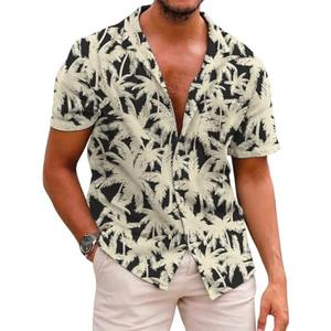 Corkifux Mens Hawaiian Shirts Button Down Short Sleeve Tropical Beach Summer V Neck Palm Tree Shirt (Large)