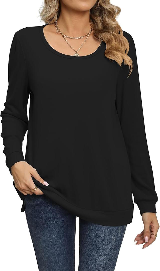 Women's Fall Casual Long Sleeve Tunic Tops Side Split T-Shirt for Leggings (Black, XL)
